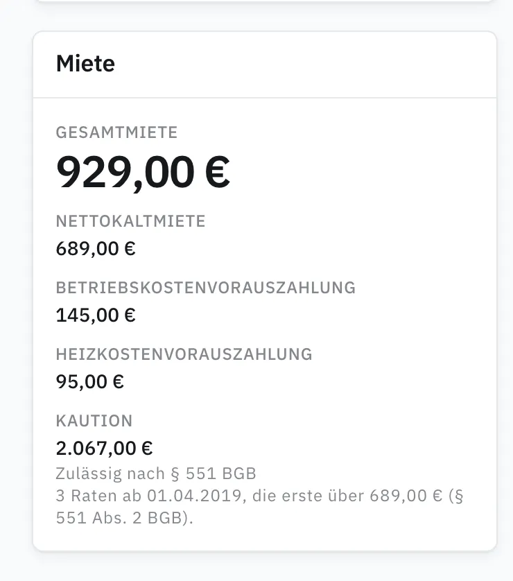 Mietübersicht mit Nettokaltmiete, Vorauszahlungen und Kaution nach § 551 BGB