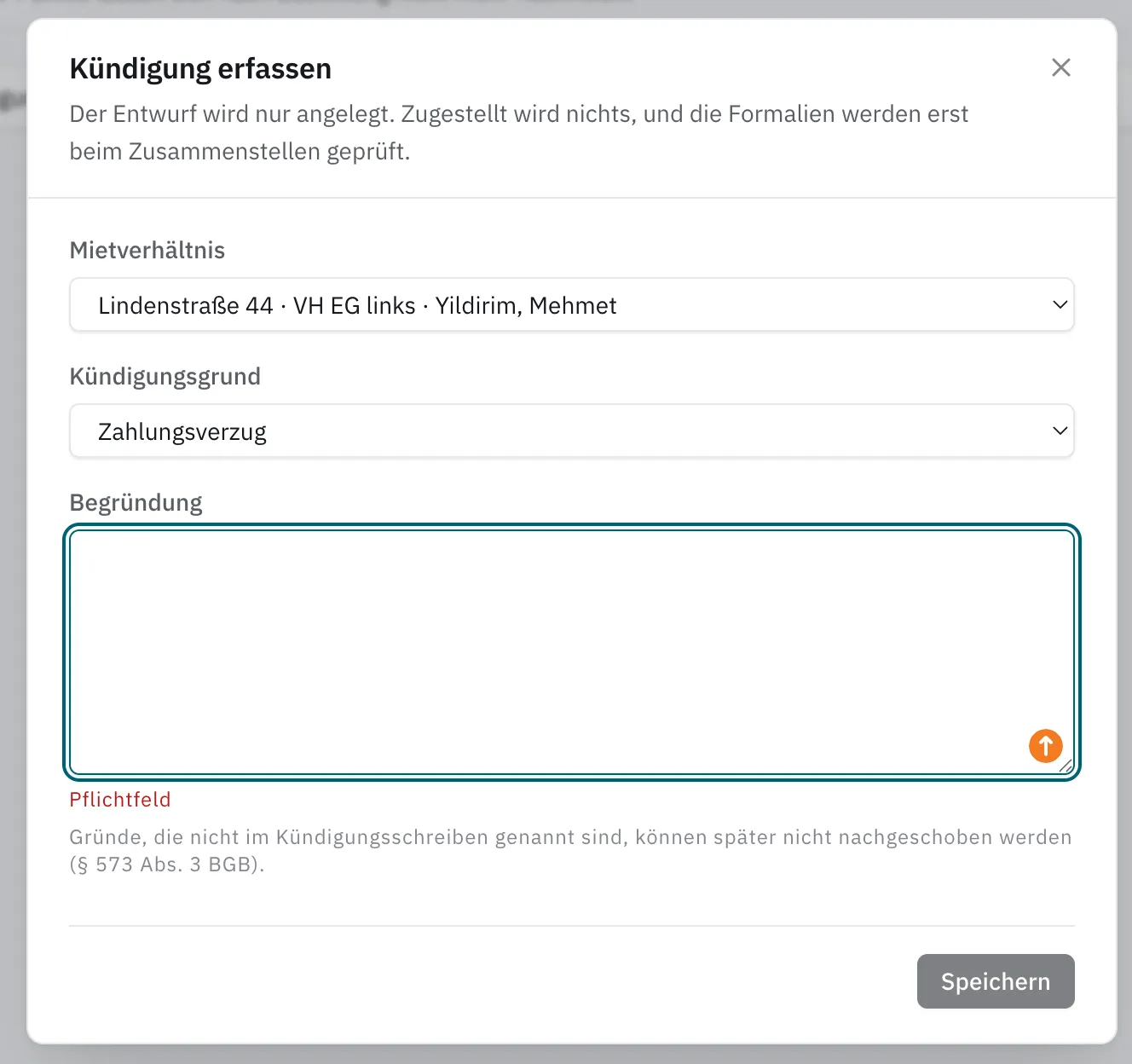 Dialog zum Erfassen einer Kündigung mit Hinweis auf § 573 BGB