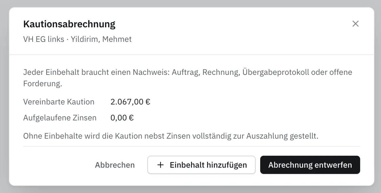 Kautionsabrechnung mit vereinbarter Kaution und Einbehalten
